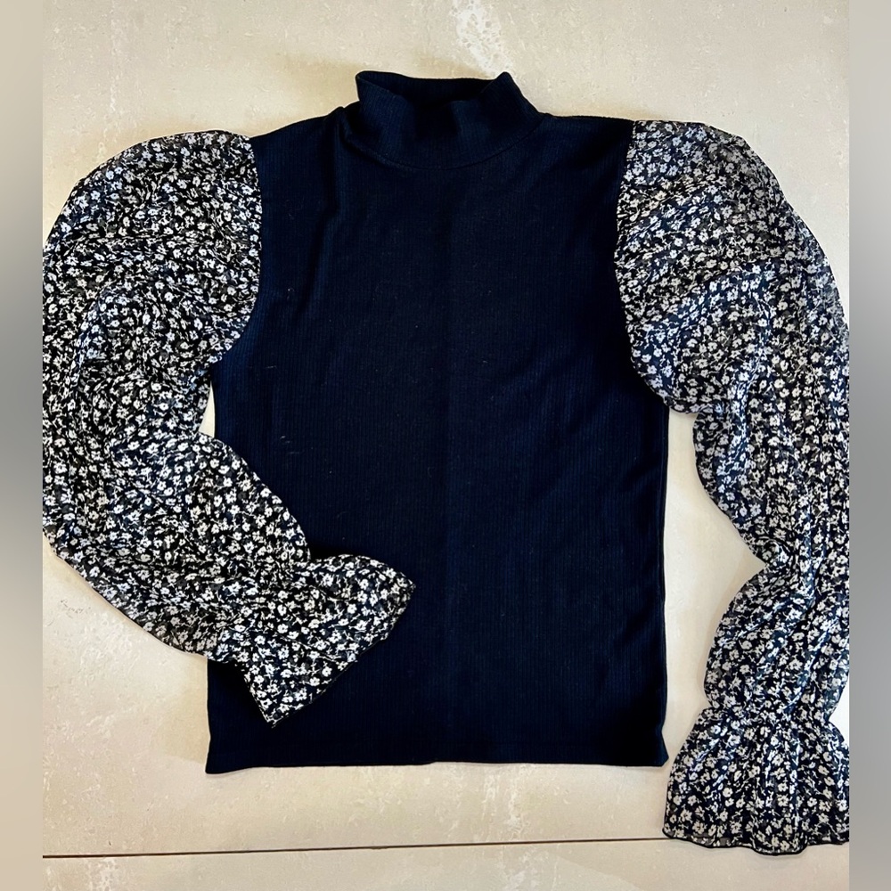 Zara Black Top with Floral Puff Sheer Floral Sleeves